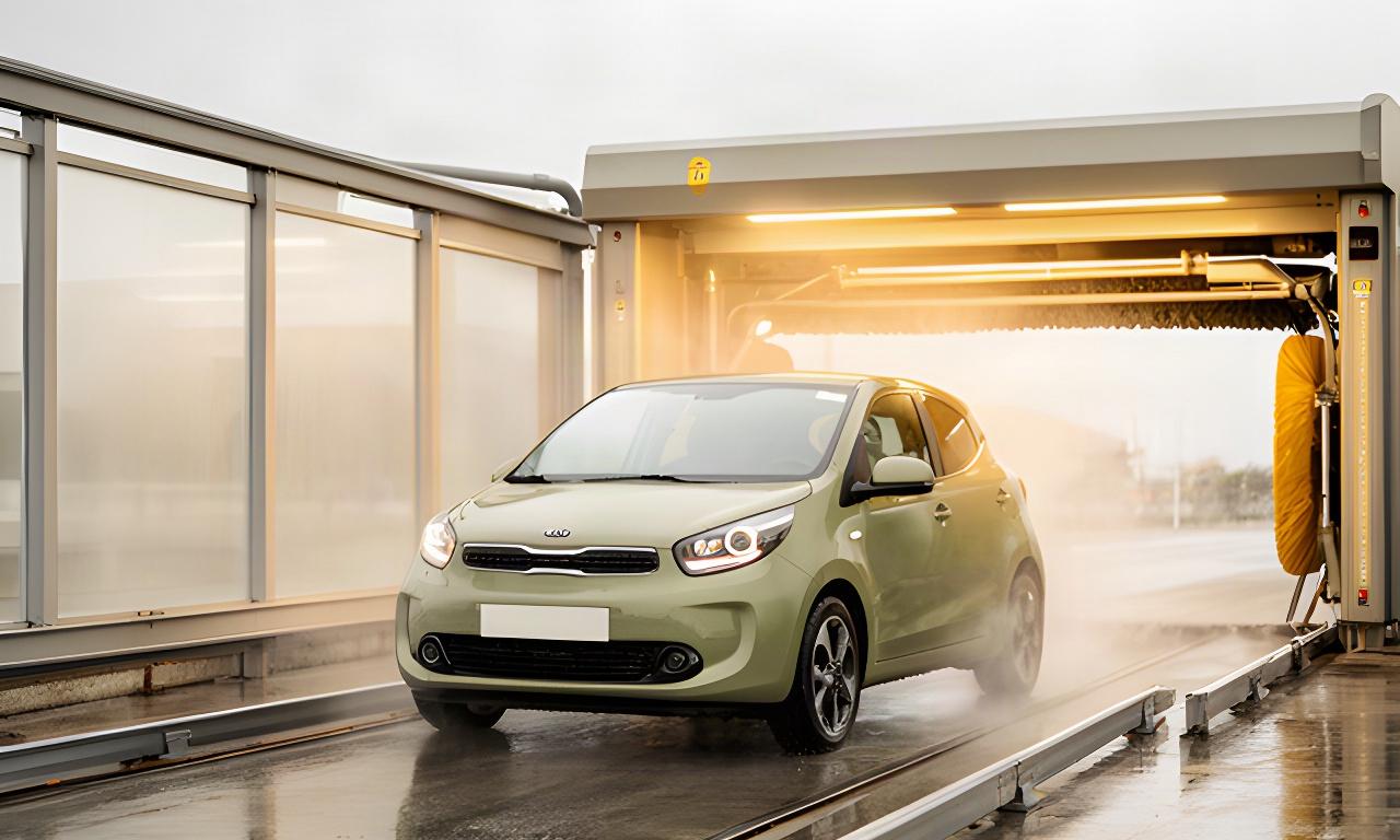 Coche entrando lentamente en el túnel de lavado automático de Baños de Espuma S.L. en Sagunto