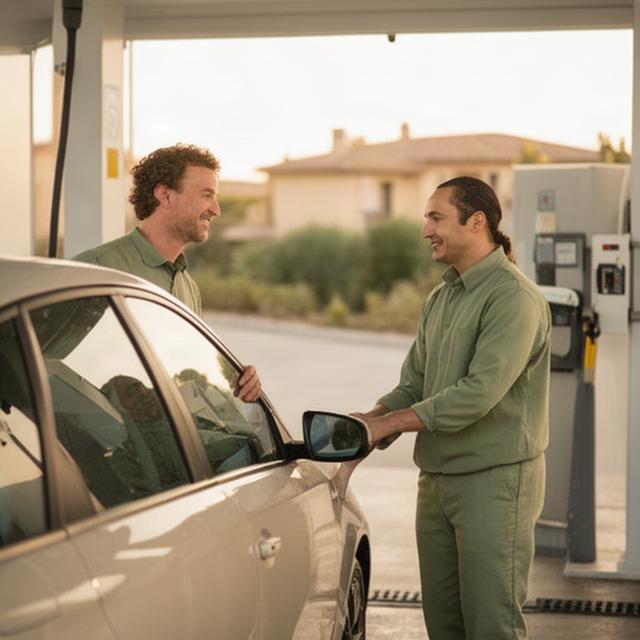 Persona responsable atendiendo a un conductor junto a la entrada del autolavado